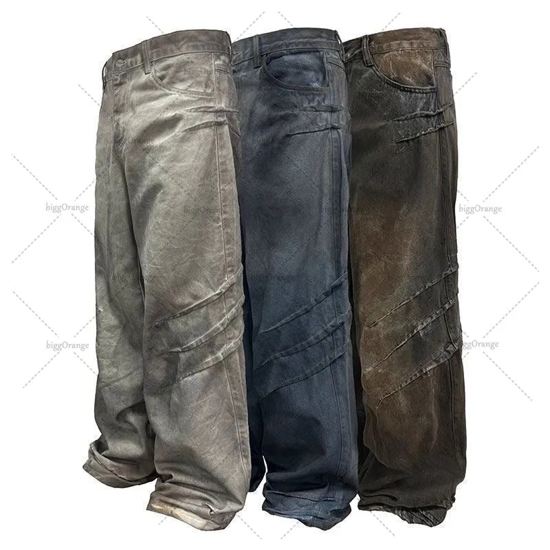 Advbridge Gothic Punk Style Scratched Washed Baggy Jeans Men Y2K Harajuku Retro Loose Casual Straight Pants High Street Fashion Streetwear