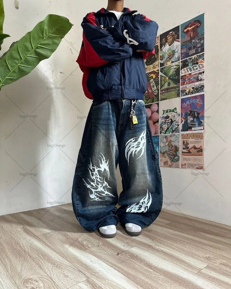 Advbridge Harajuku Baggy Jeans American Retro Letter Print Wide-leg Straight Pants Men Gothic Punk Casual Trend Brand Streetwear Trousers