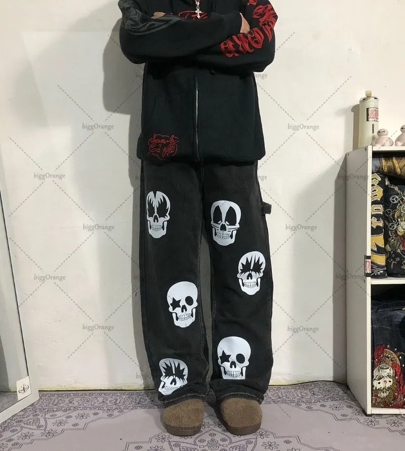 Advbridge New Harajuku Y2K Streetwear Baggy Jeans Gothic Punk Skull Print Wide Leg Straight Pants Men Hip Hop Retro Casual Loose Trousers