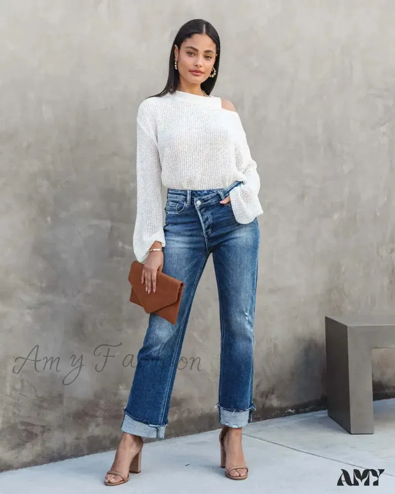 Amy Fashion - 2024 New Casual Loose Women's Wash Button Pockets High Waist Denim Abrade Elegant Jean