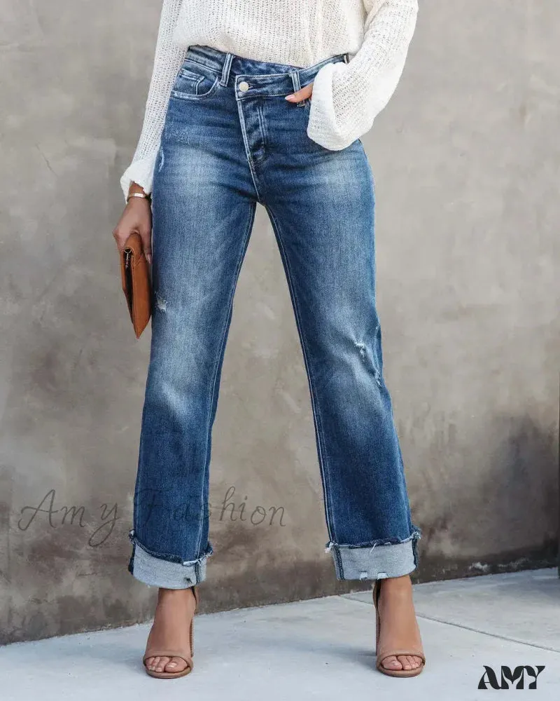 Amy Fashion - 2024 New Casual Loose Women's Wash Button Pockets High Waist Denim Abrade Elegant Jean