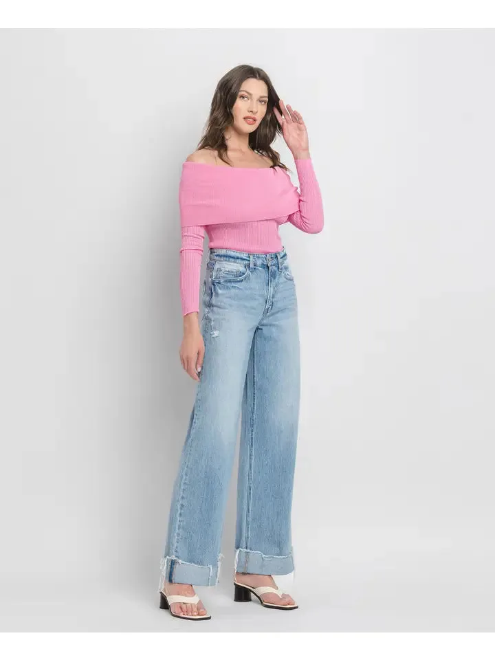 BEST SELLER High Rise Cuffed Baggy Wide Leg Jeans (medium)