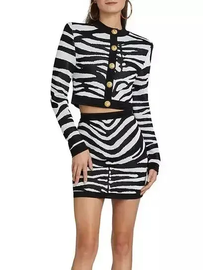 Black and White Zebra Print Knit Cropped Cardigan and Mini Skirt Set