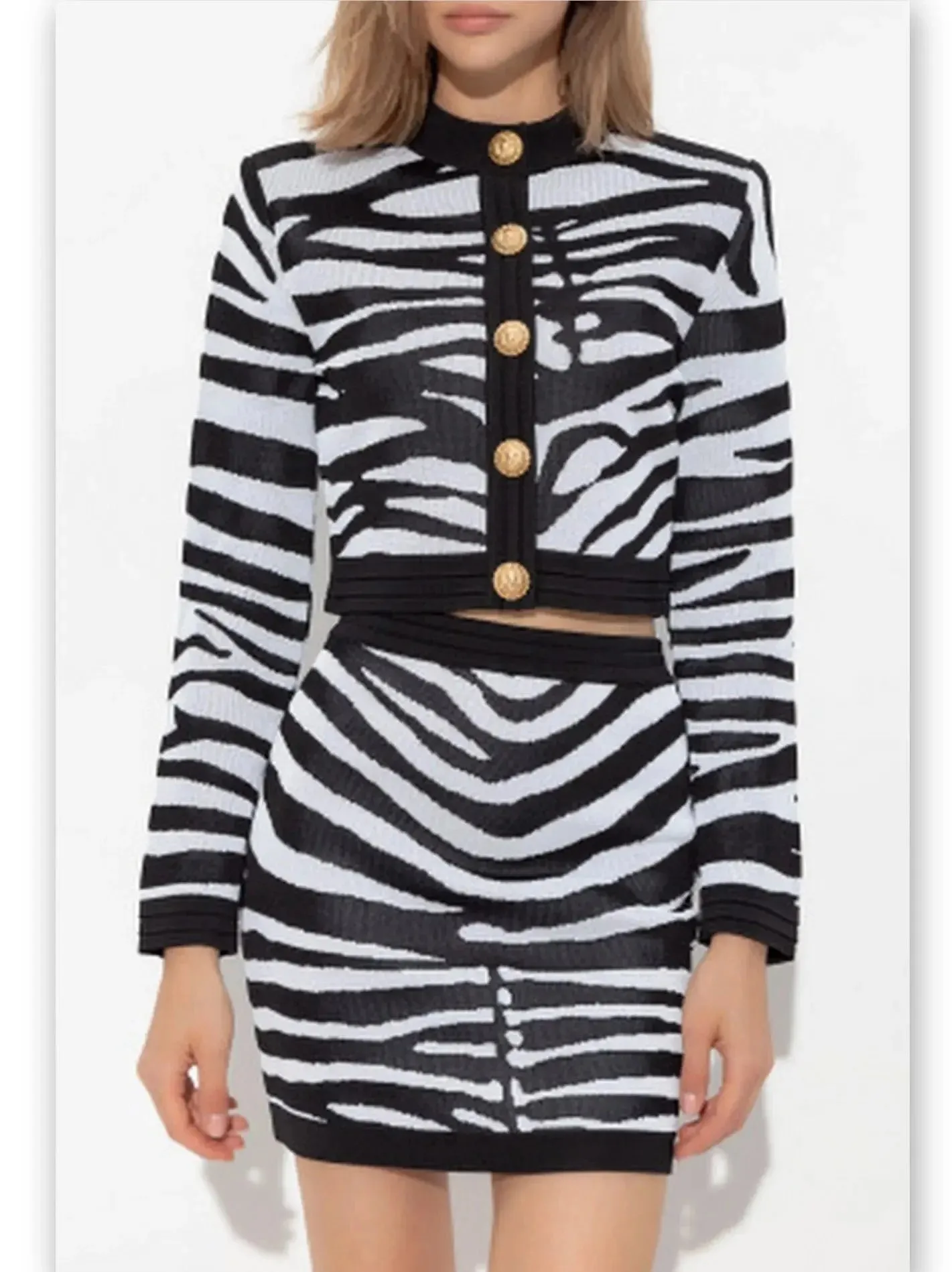 Black and White Zebra Print Knit Cropped Cardigan and Mini Skirt Set