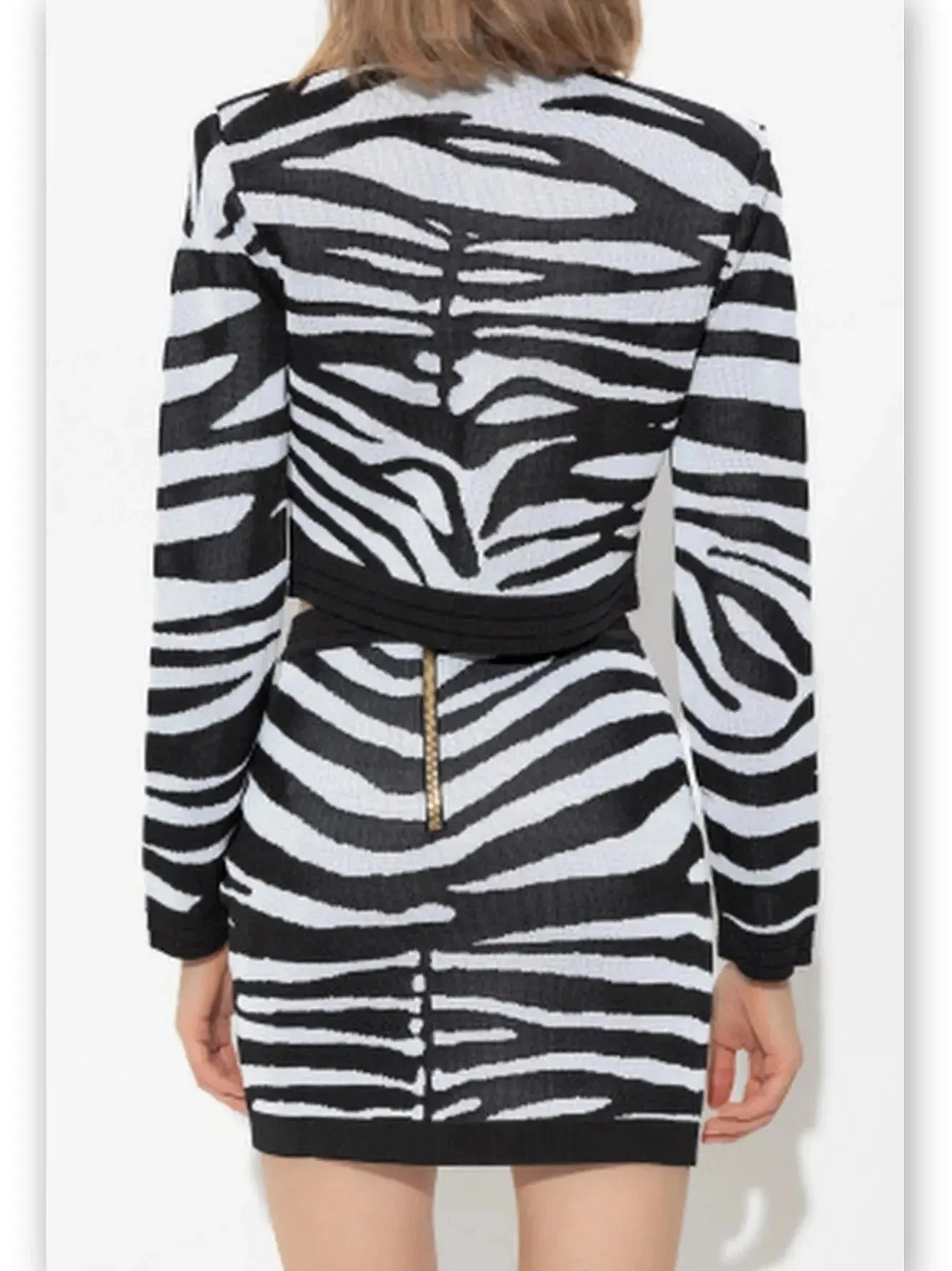 Black and White Zebra Print Knit Cropped Cardigan and Mini Skirt Set