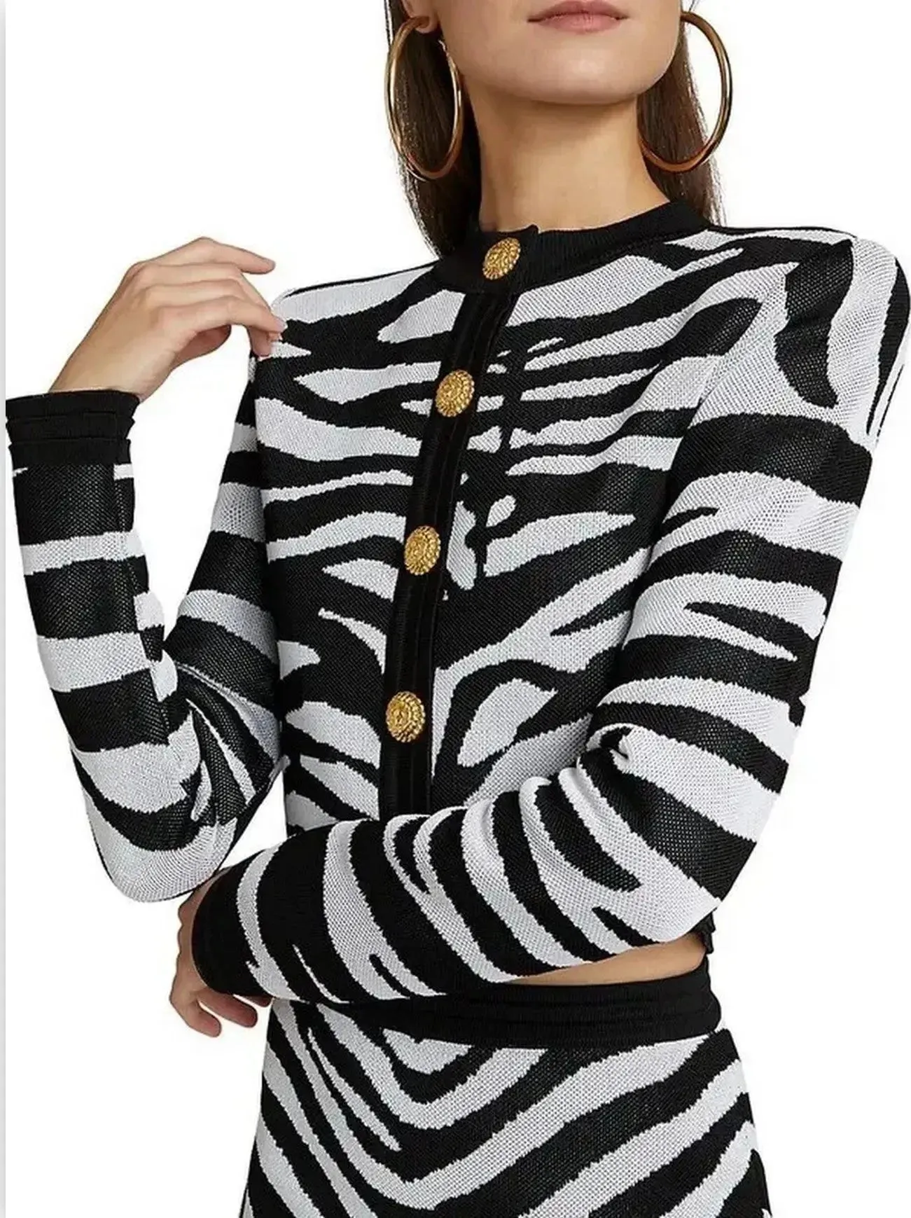 Black and White Zebra Print Knit Cropped Cardigan and Mini Skirt Set