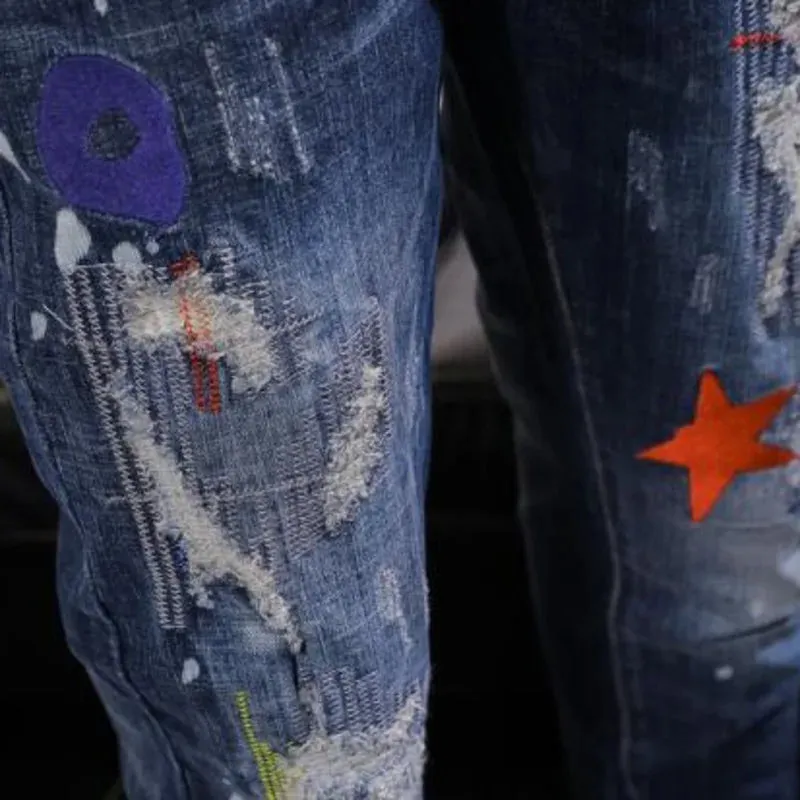 Blue Ripped Patchwork Slim Fit Jeans