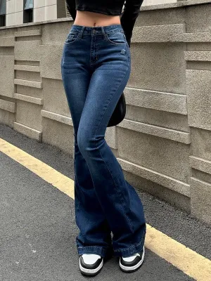 Blue Wash Distressed Stretch Flare Jeans