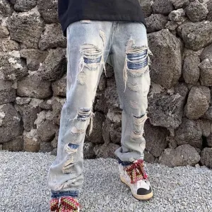 Bonsir High Street Hole Ripped Vintage Men Hip Hop Baggy Jeans Trousers Punk Distressed Retro Washed Straight Denim Pants Pantalon