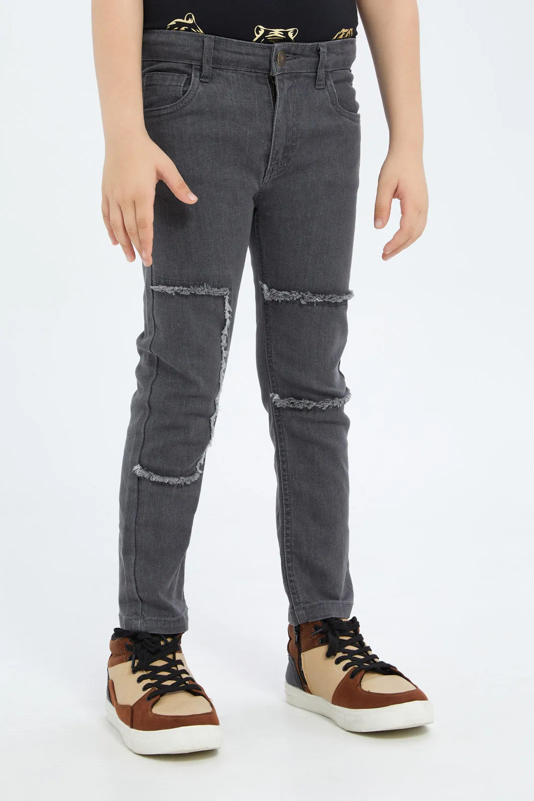 Boys Charcoal Ripped Biker Jeans