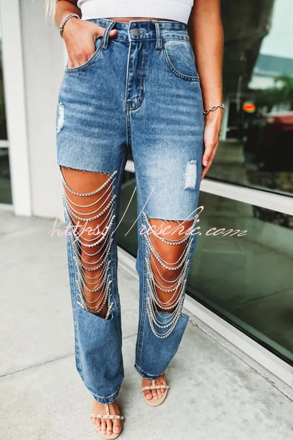 Casual Pocket Ripped Chain Embellished Straight Jeans