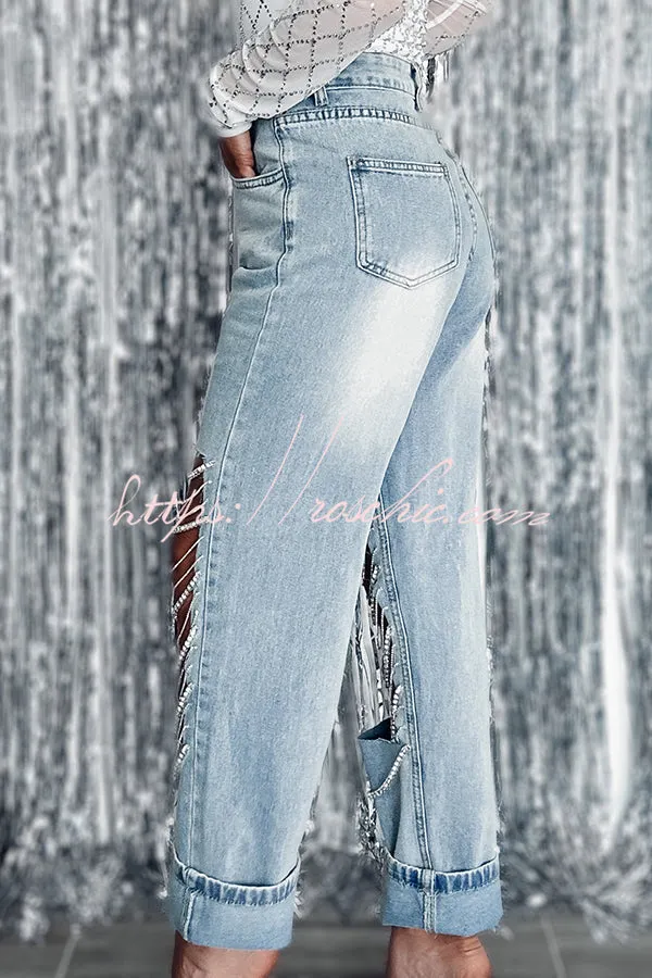 Casual Pocket Ripped Chain Embellished Straight Jeans