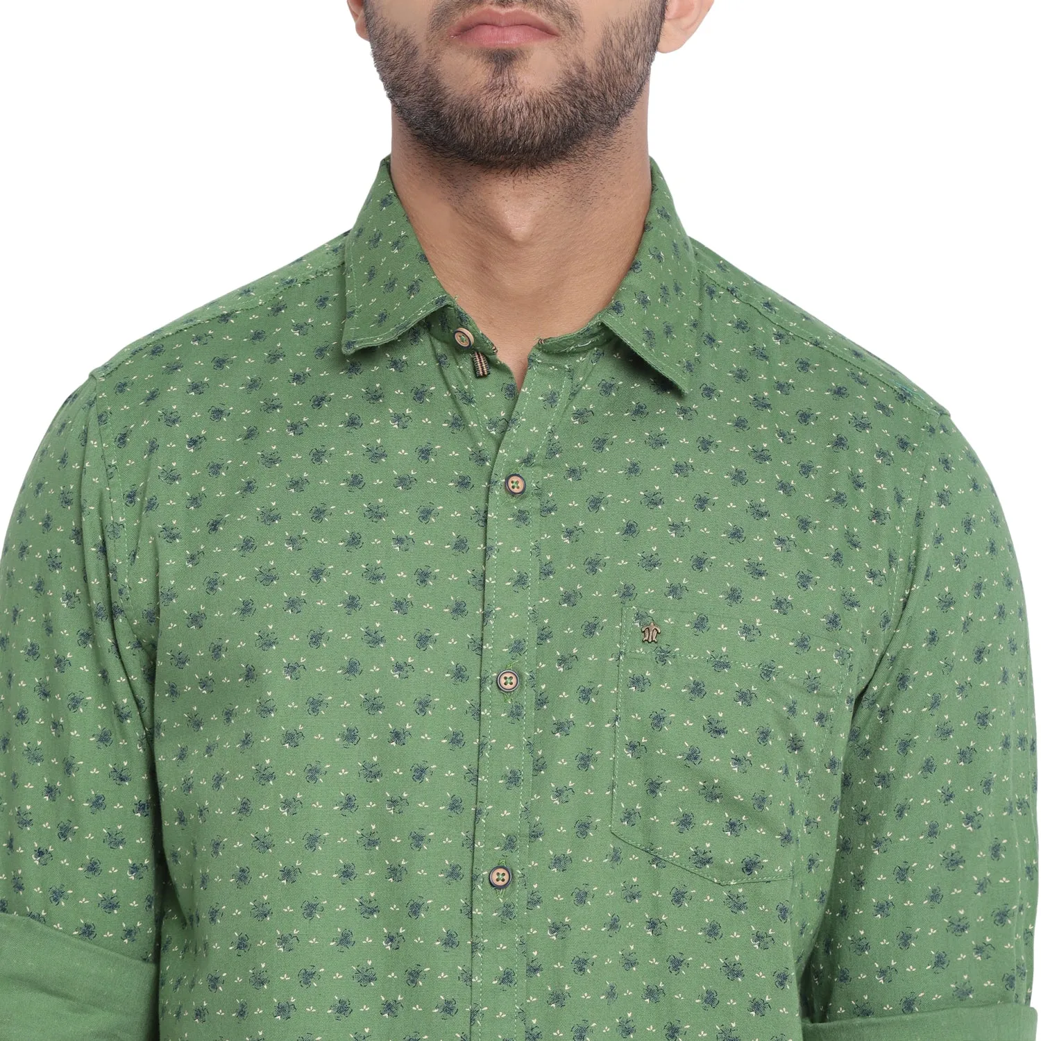 Cotton Green Printed Slim Fit Casual Shirt