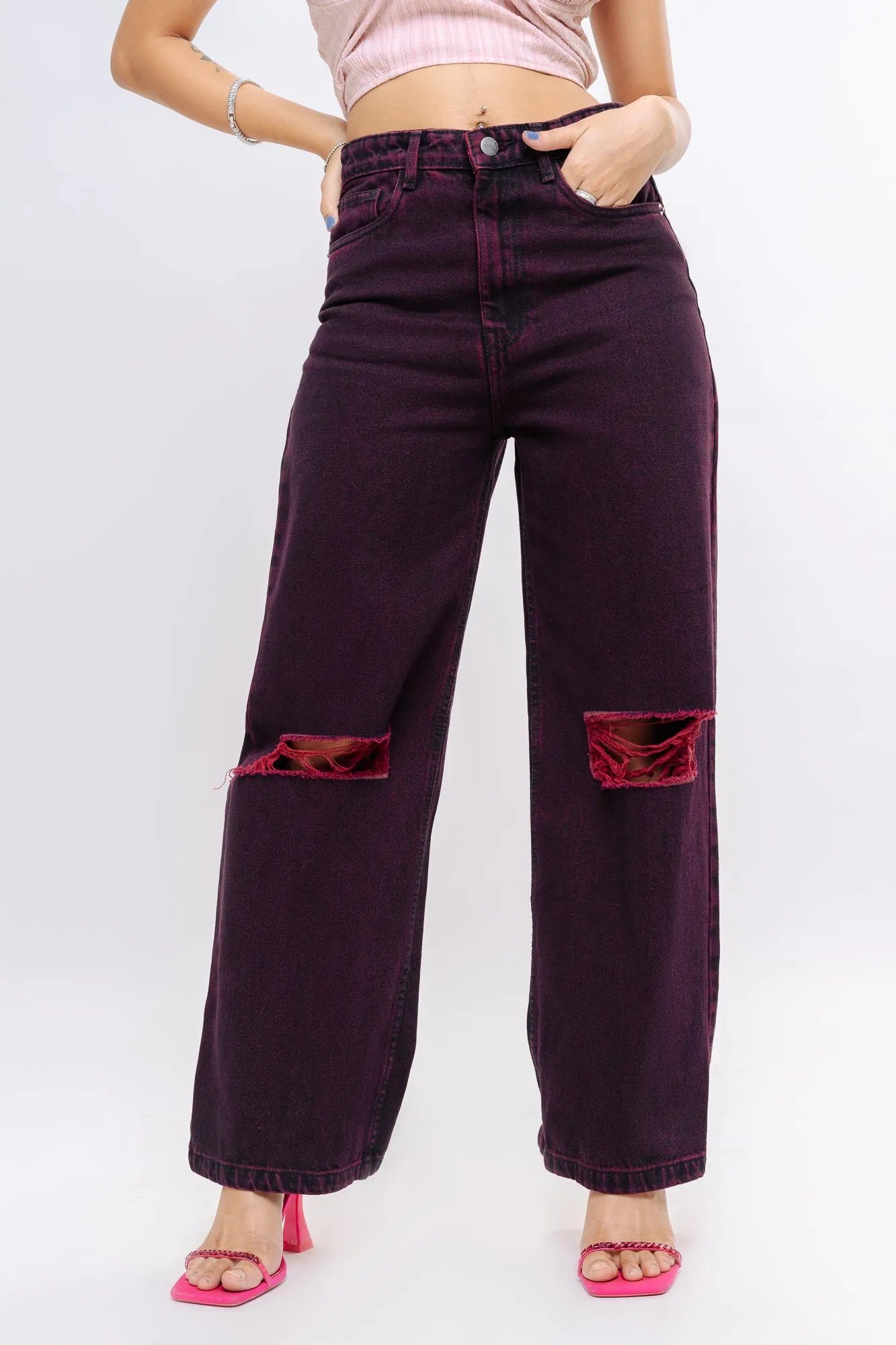 Denim Claret Red Straight Pant