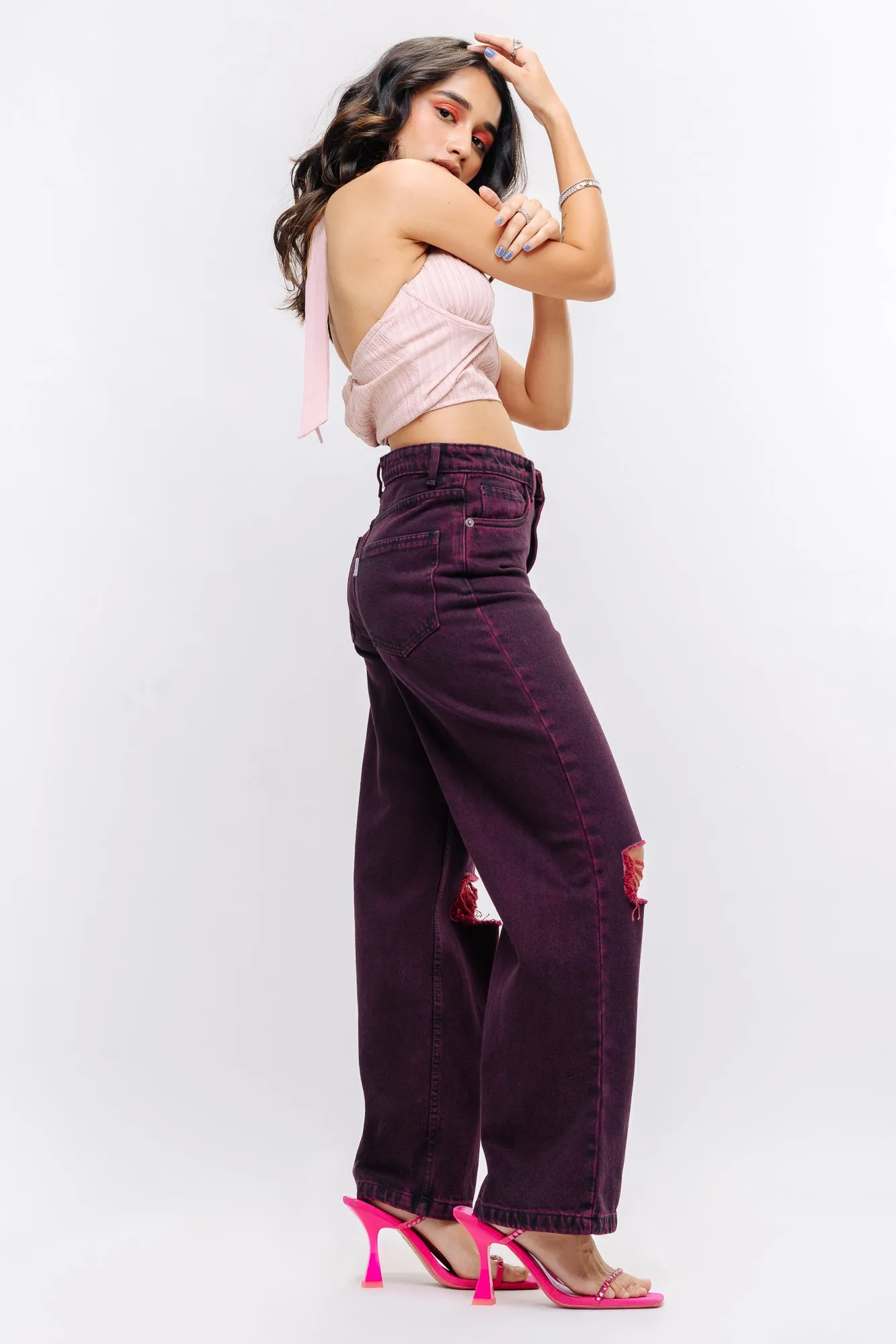 Denim Claret Red Straight Pant