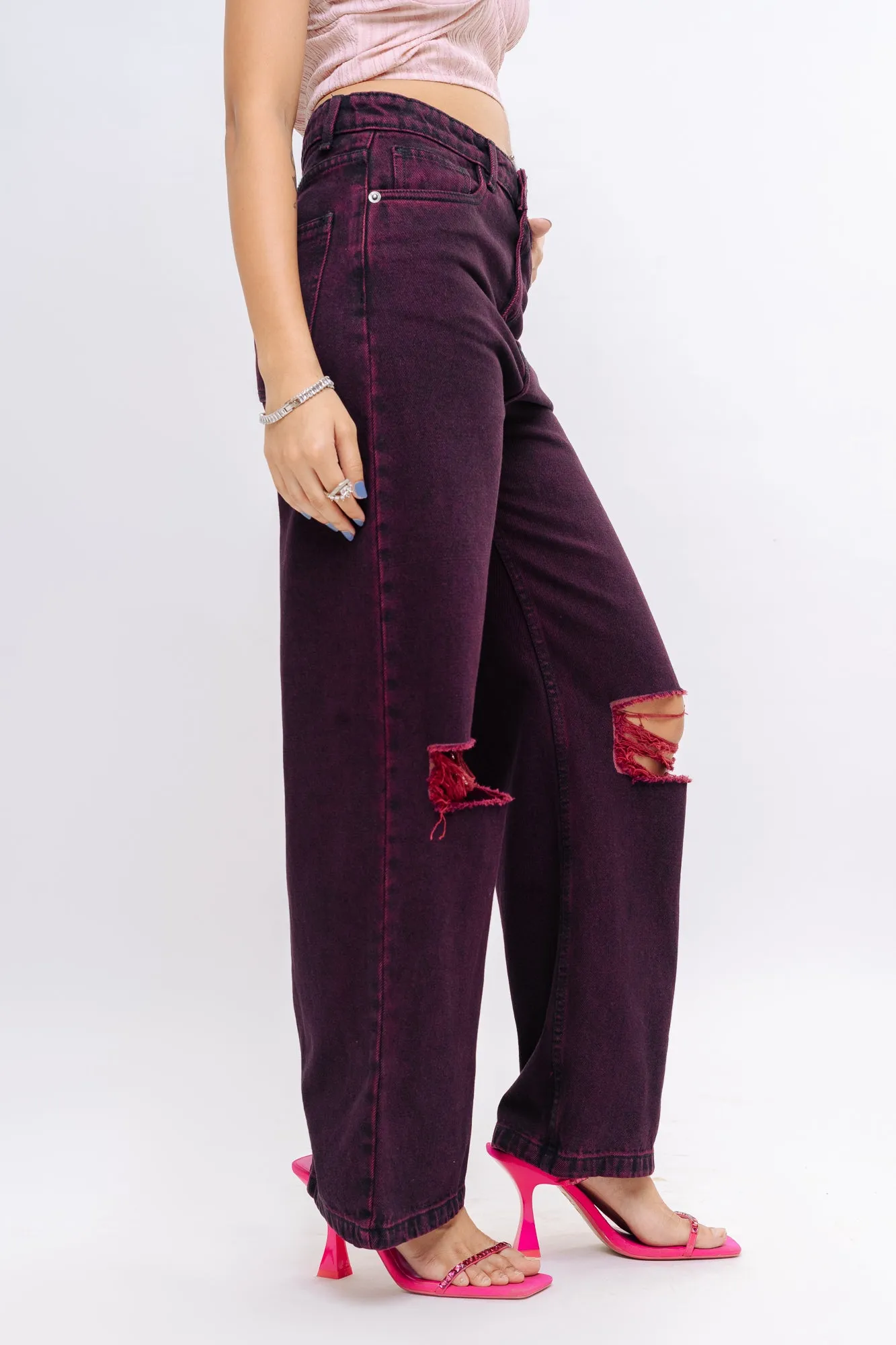 Denim Claret Red Straight Pant