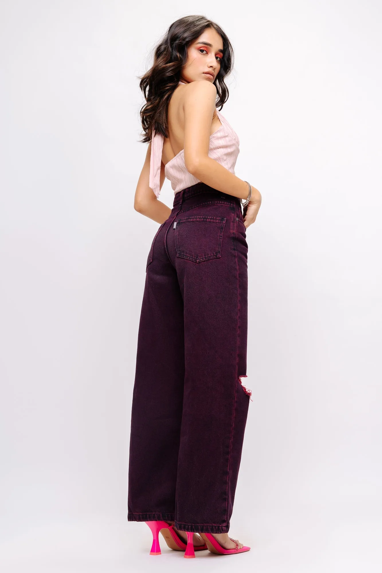 Denim Claret Red Straight Pant