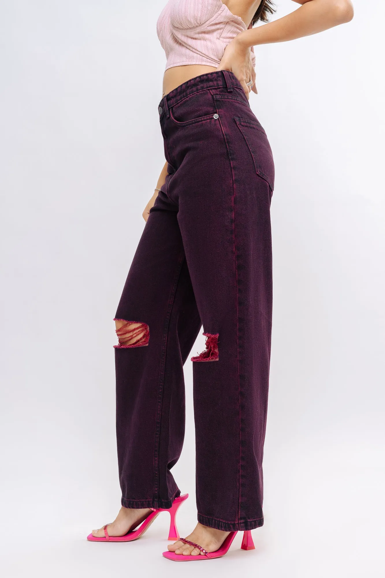 Denim Claret Red Straight Pant