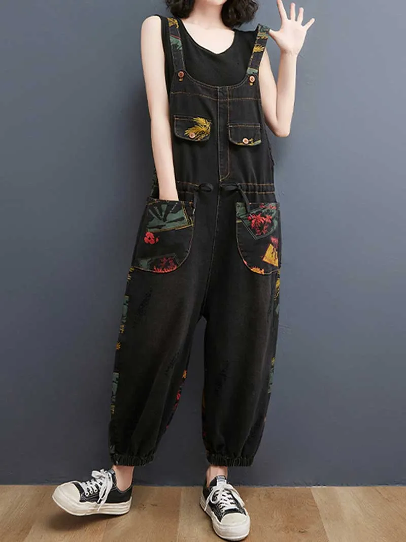 Denim Printed Women's Nine-Point Pants High Waist Overalls Dungaree