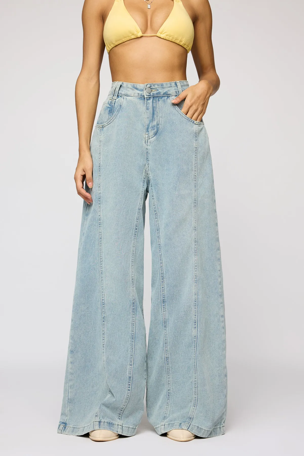 Dew Blue Denim Flared Korean Pants