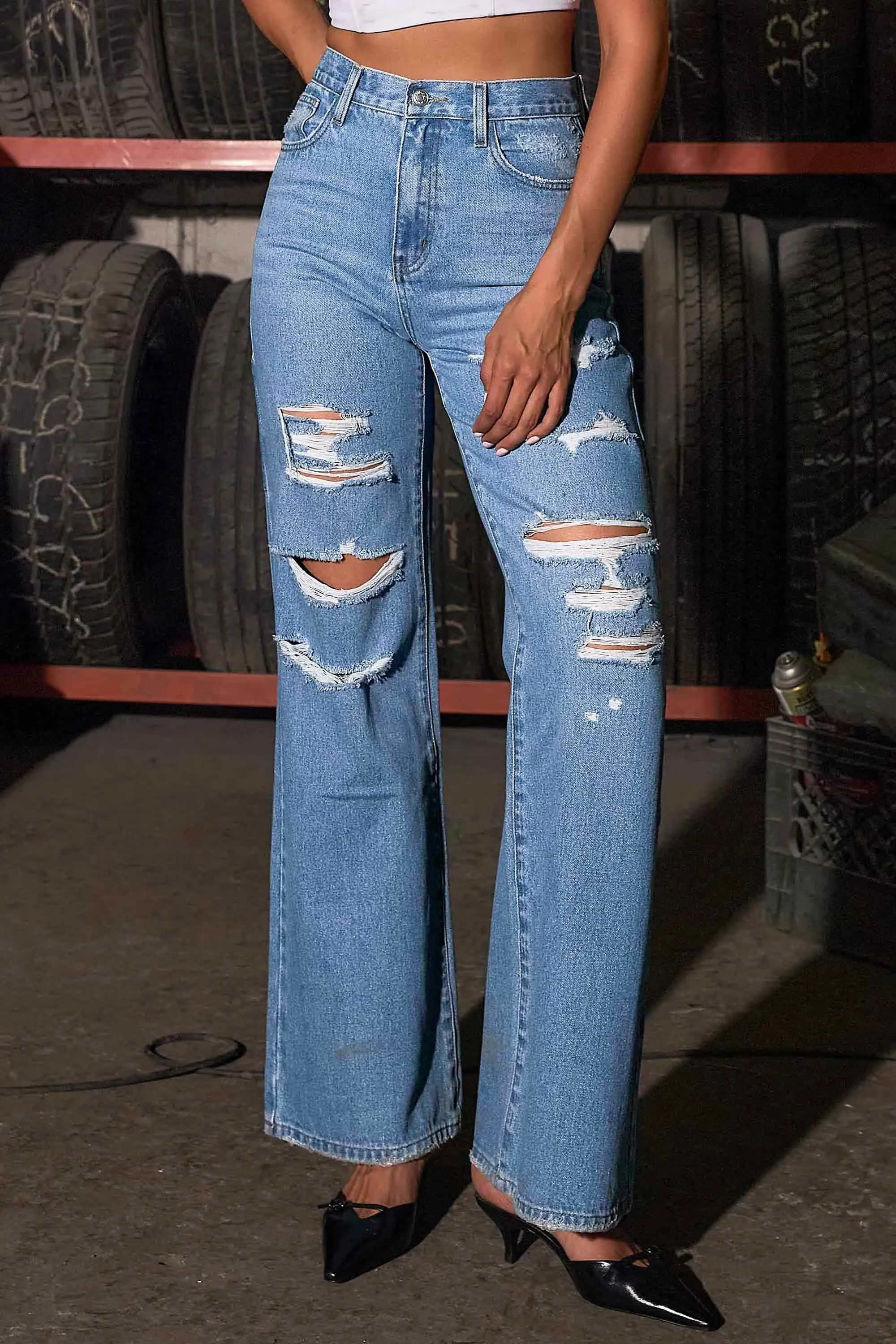 Distressed High Rise Wide Leg Jeans