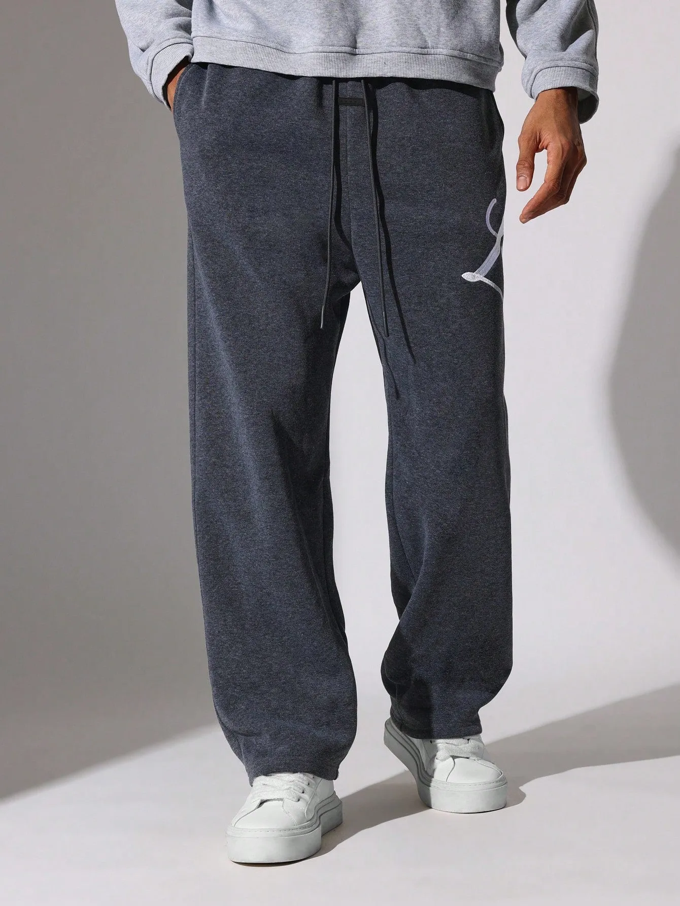 Drop Crotch Sweatpants With Drawstrings & Embroidery Pattern