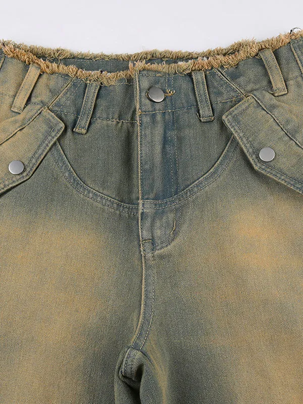 Frayed Trim Patch Pocket Zipper Washed Cargo Jeans