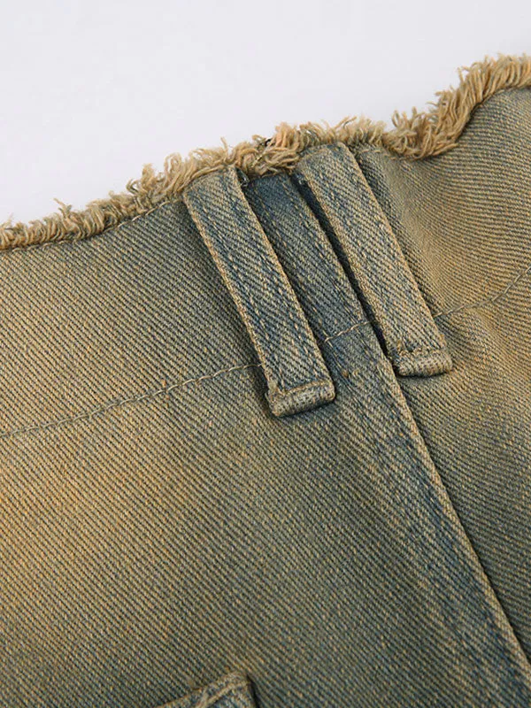 Frayed Trim Patch Pocket Zipper Washed Cargo Jeans