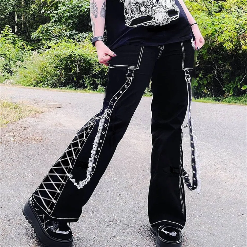 Gothic Emo Alt Cargo Pants Techwear Hip Hop Jeans Lazy Goth Punk Black Denim Trousers Streetwear Academic Low Waist Joggers Y2k