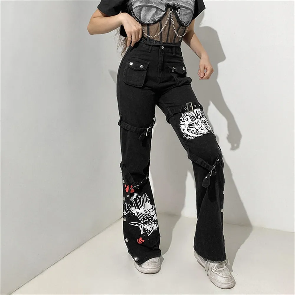 Gothic Emo Alt Cargo Pants Techwear Hip Hop Jeans Lazy Goth Punk Black Denim Trousers Streetwear Academic Low Waist Joggers Y2k