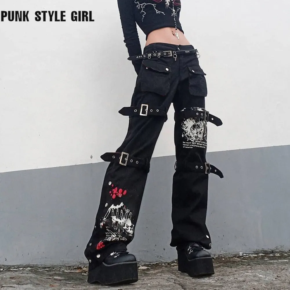 Gothic Emo Alt Cargo Pants Techwear Hip Hop Jeans Lazy Goth Punk Black Denim Trousers Streetwear Academic Low Waist Joggers Y2k