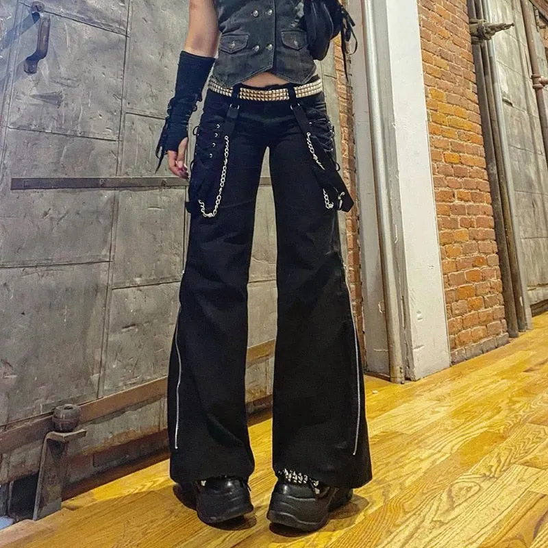 Gothic Emo Alt Cargo Pants Techwear Hip Hop Jeans Lazy Goth Punk Black Denim Trousers Streetwear Academic Low Waist Joggers Y2k