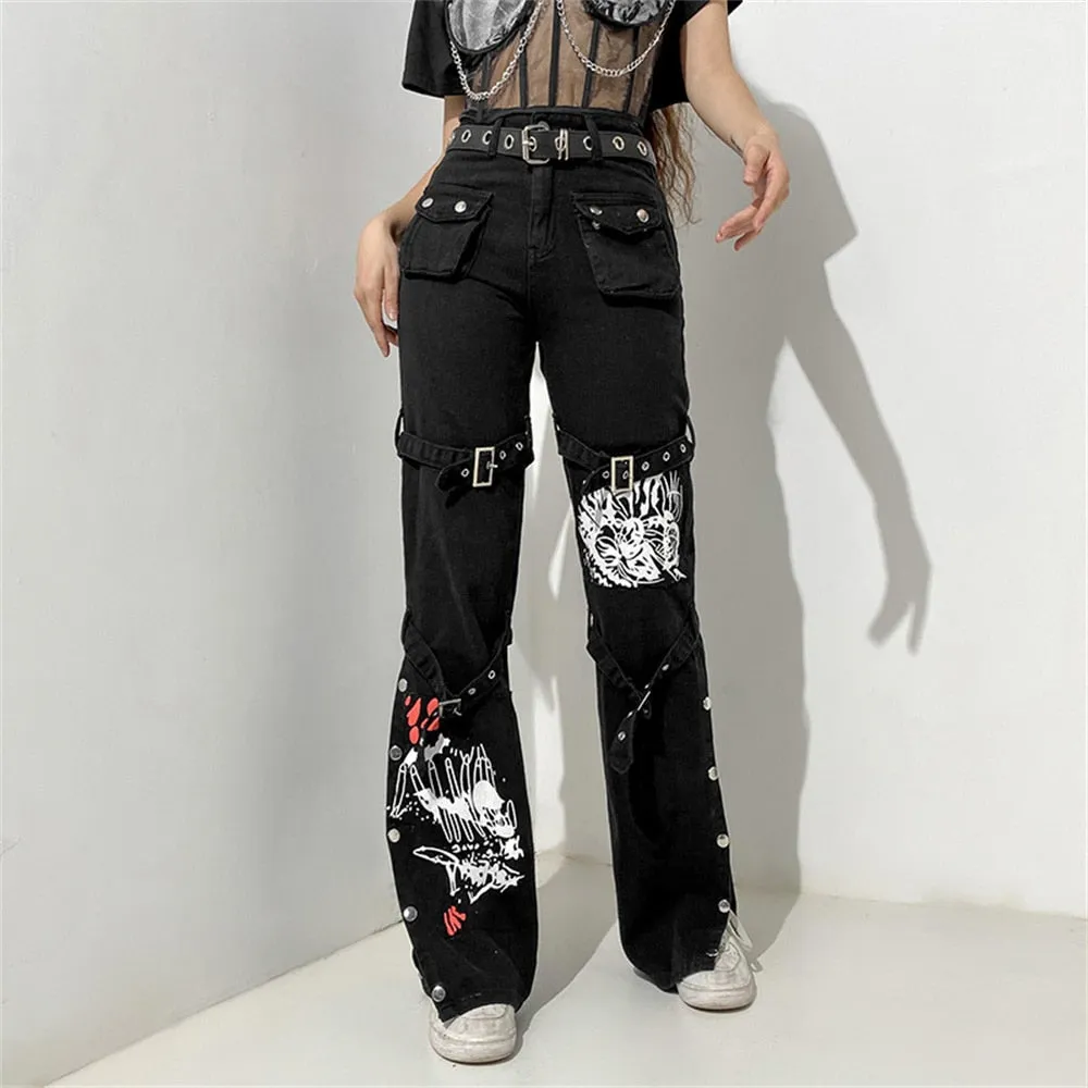 Gothic Emo Alt Cargo Pants Techwear Hip Hop Jeans Lazy Goth Punk Black Denim Trousers Streetwear Academic Low Waist Joggers Y2k