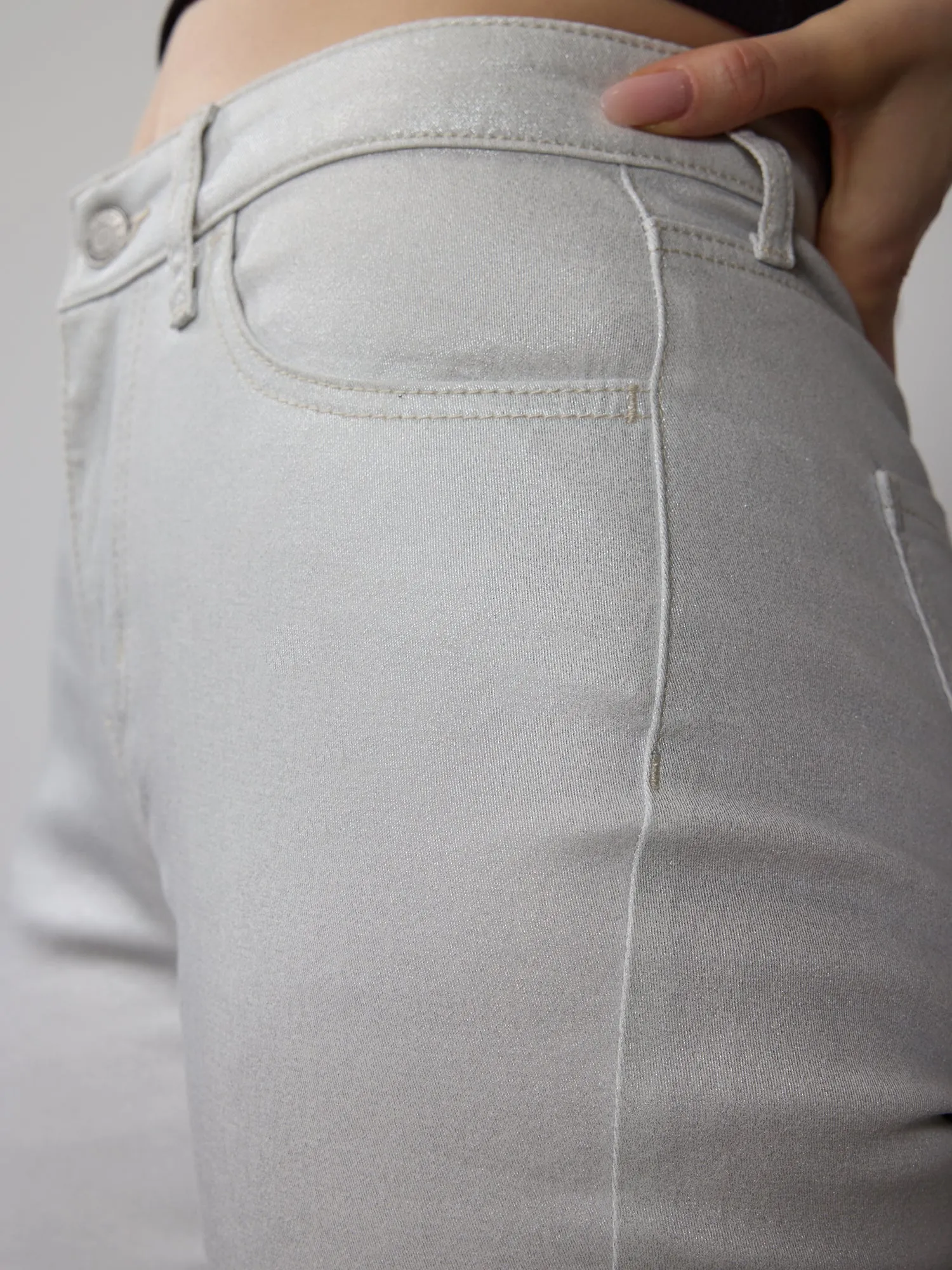 High Rise Skinny Fit Silver Foil Jeans