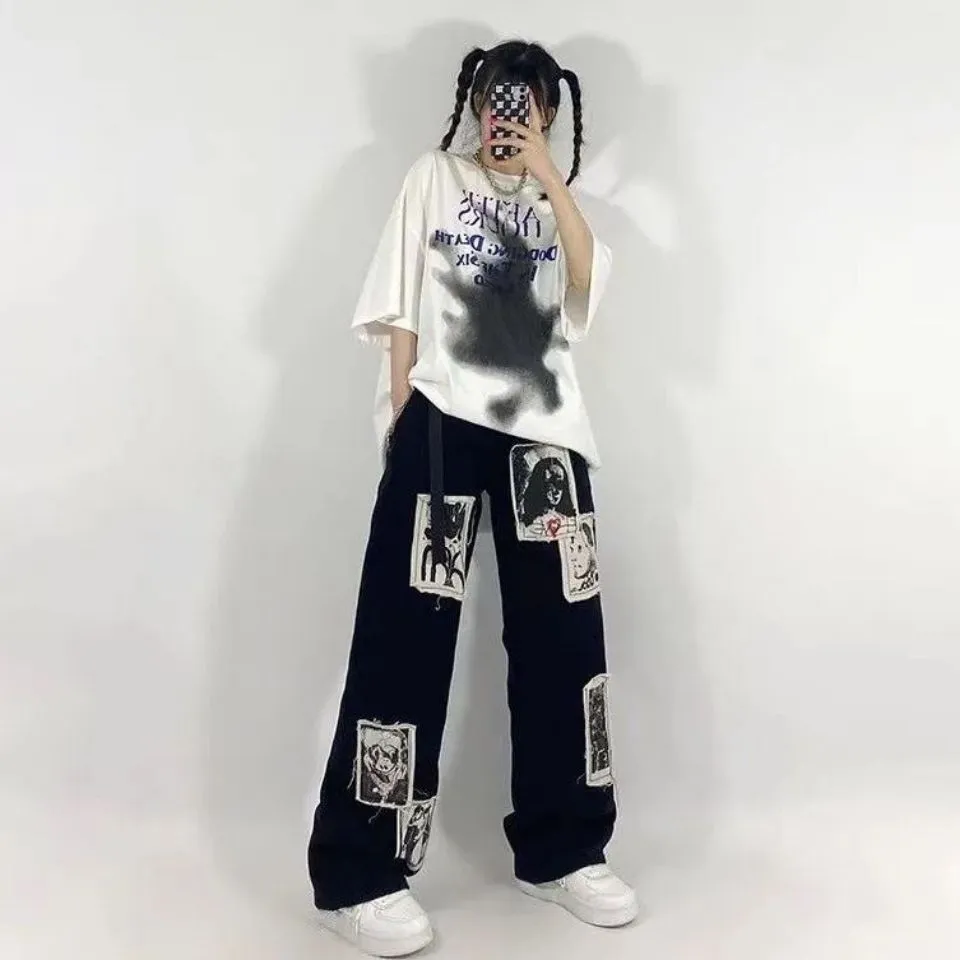 Joskaa New Punk Patchwork Pattern Jeans Graffiti Korean Fashion Loose Harajuku Women's Hip-Hop Street Super Wide-Leg Pants 90'S Retro