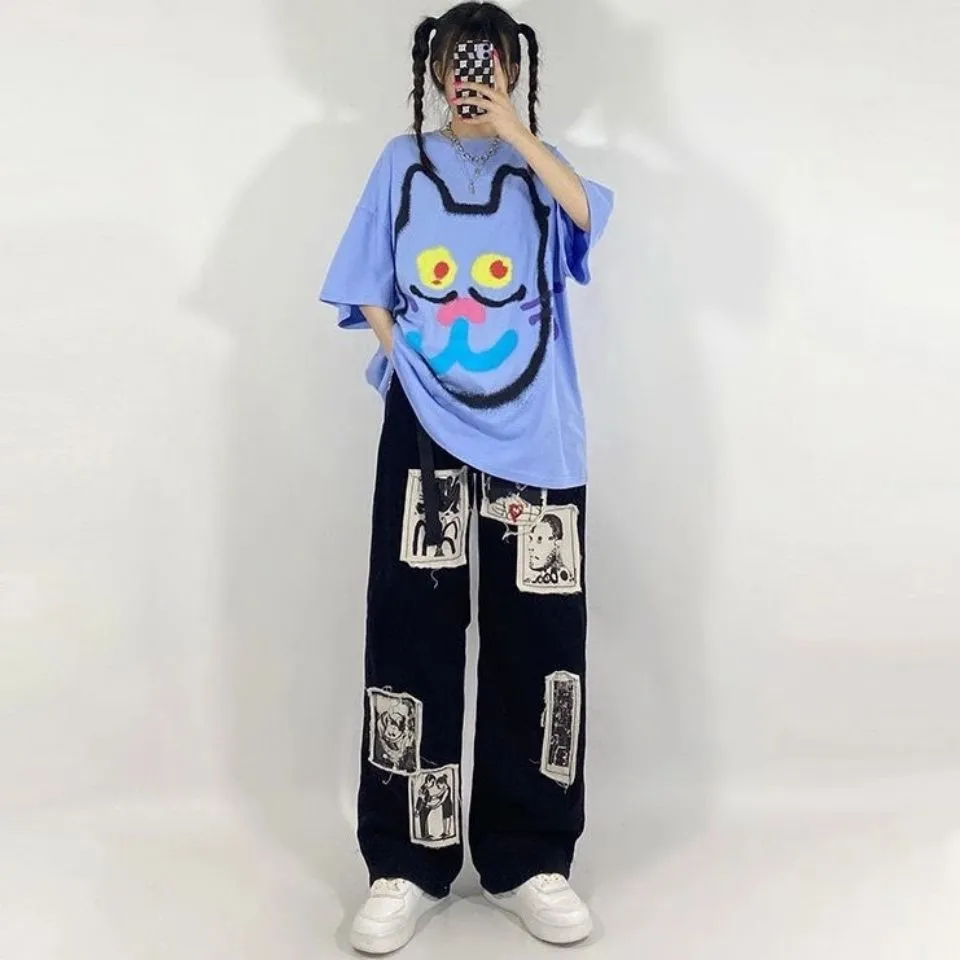 Joskaa New Punk Patchwork Pattern Jeans Graffiti Korean Fashion Loose Harajuku Women's Hip-Hop Street Super Wide-Leg Pants 90'S Retro