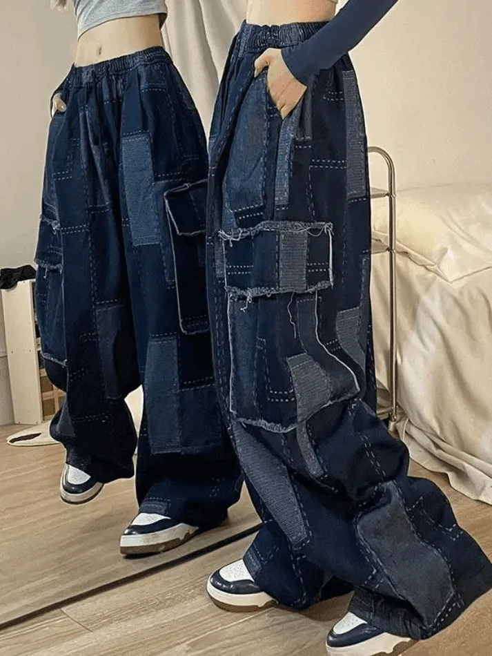 Joskaa Vintage Blue Checkered Baggy Cargo Jeans