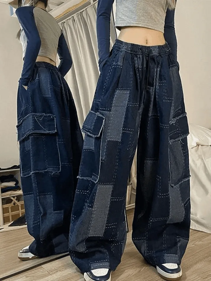 Joskaa Vintage Blue Checkered Baggy Cargo Jeans