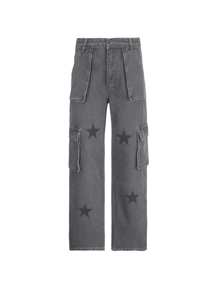 Joskaa Vintage Star Print Boyfriend Fit Cargo Jeans