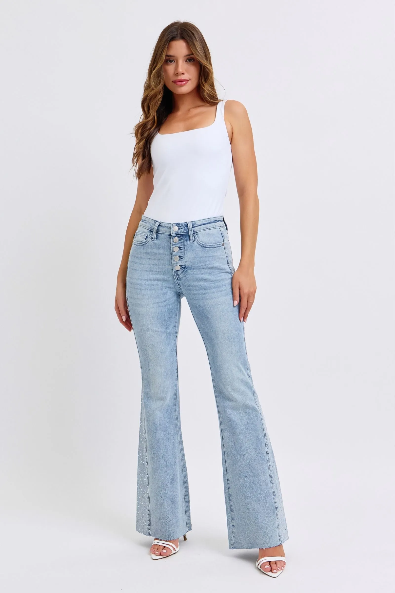 Judy Blue Mid Rise Rhinestone Detail Flare Jeans