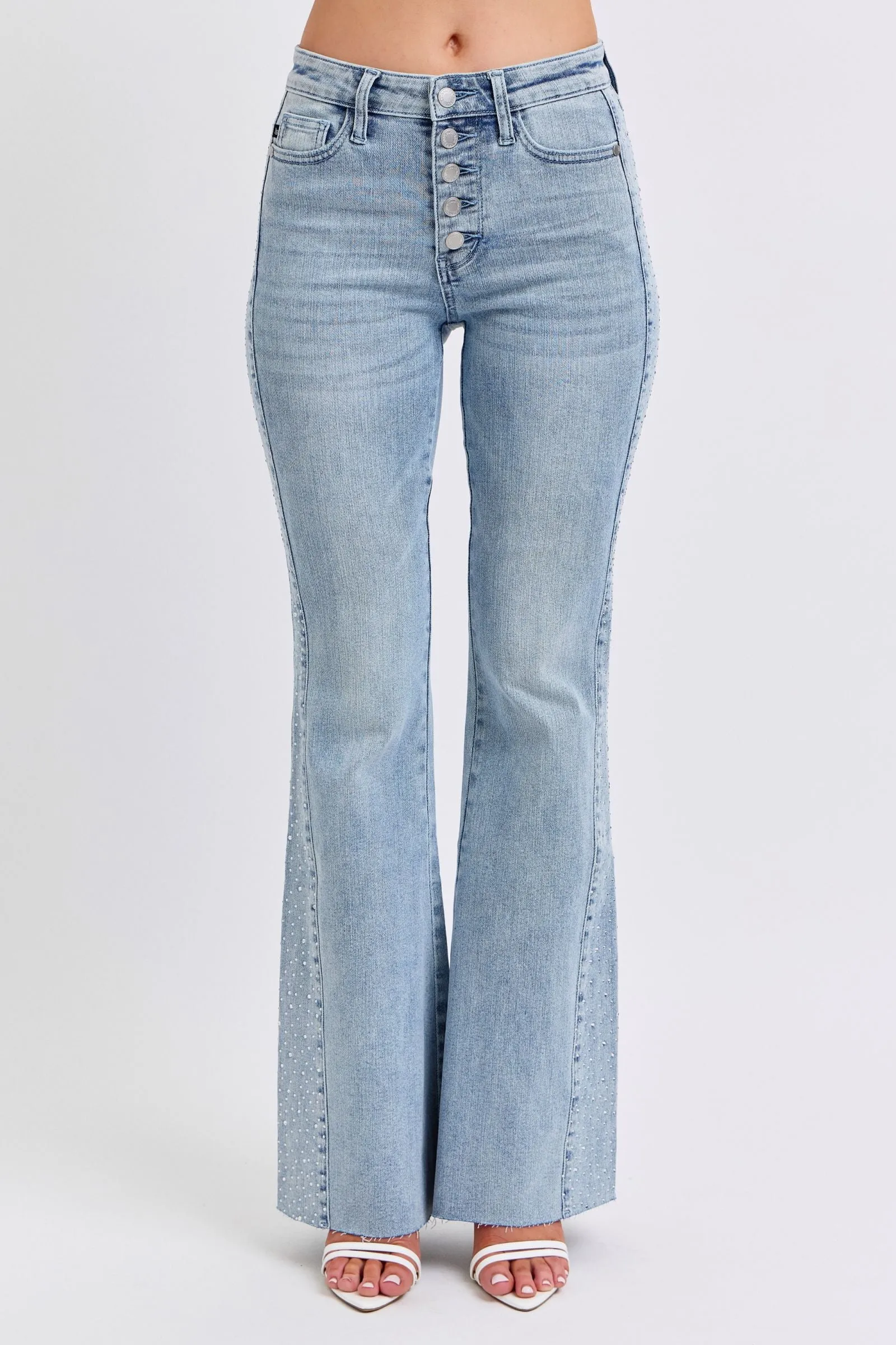 Judy Blue Mid Rise Rhinestone Detail Flare Jeans