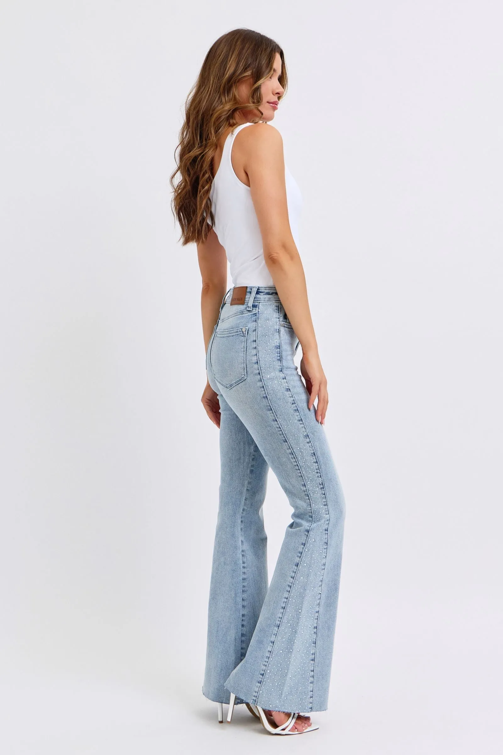 Judy Blue Mid Rise Rhinestone Detail Flare Jeans