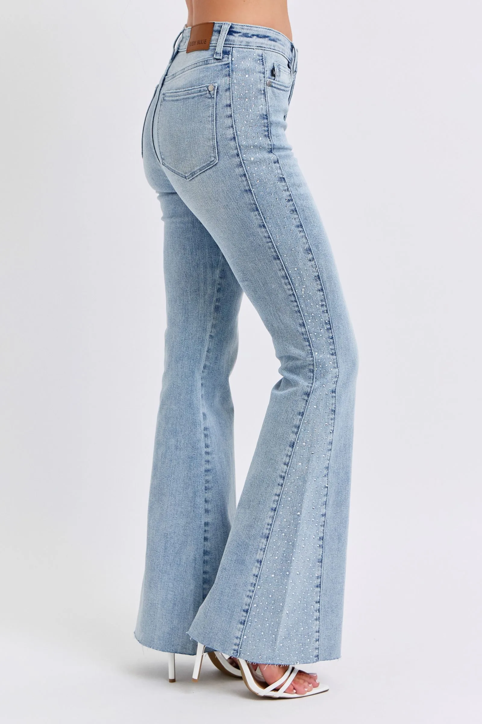 Judy Blue Mid Rise Rhinestone Detail Flare Jeans