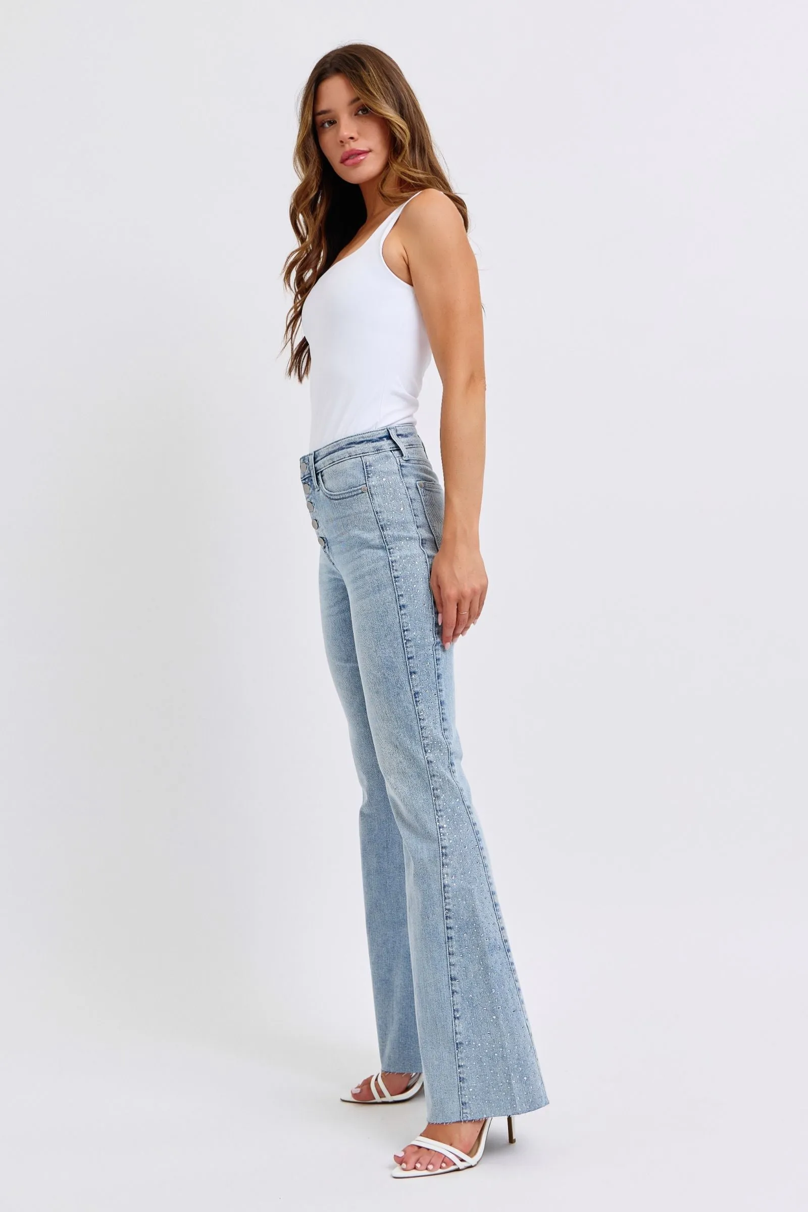 Judy Blue Mid Rise Rhinestone Detail Flare Jeans