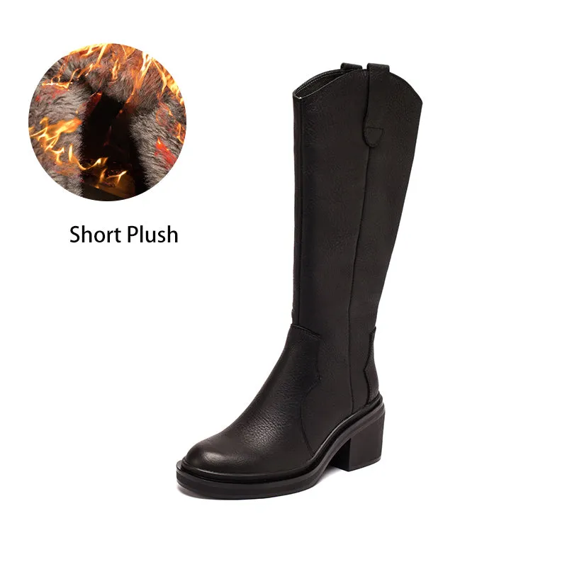 Leather Knee High Boots Cowboy Boots Designer Retro Block Heel Riding Boots in Black/Red/coffee