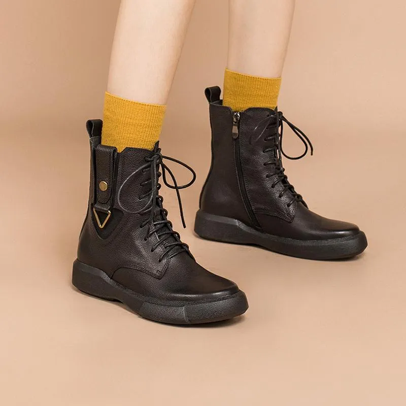 Leather Martin Boots Designer Retro Chunky Riding Boots Side Heart Shape Handmade Coffee/Black/Yellow