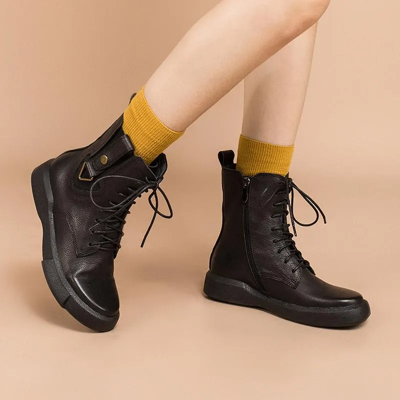 Leather Martin Boots Designer Retro Chunky Riding Boots Side Heart Shape Handmade Coffee/Black/Yellow