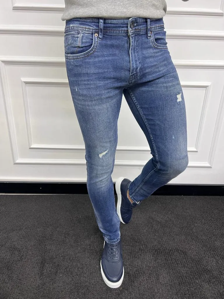 Leon Slim Fit Ripped Blue Jeans