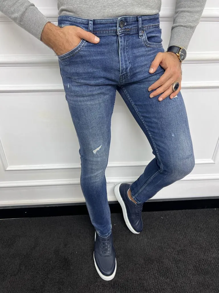 Leon Slim Fit Ripped Blue Jeans