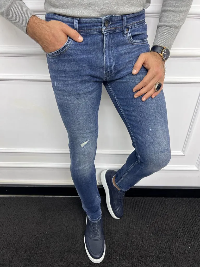 Leon Slim Fit Ripped Blue Jeans